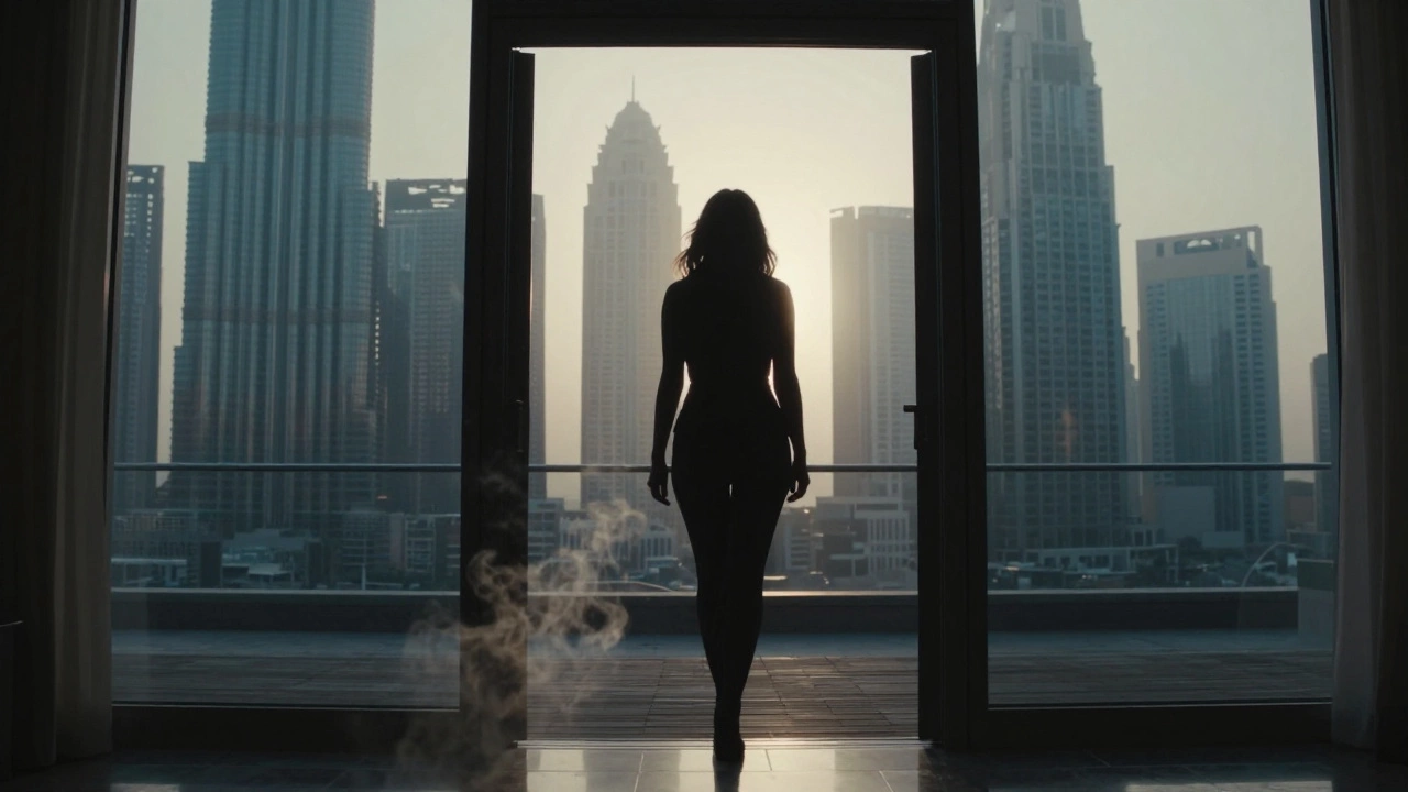 A mysterious woman disappearing at dawn in Dubai, leaving no trace behind in the misty cityscape.