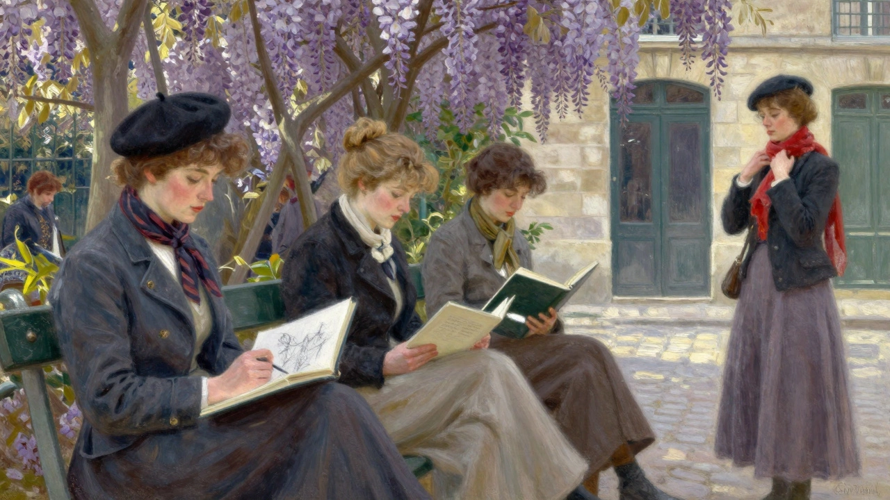 Three elegant women in Parisian style sit quietly in a sunlit courtyard filled with wisteria.