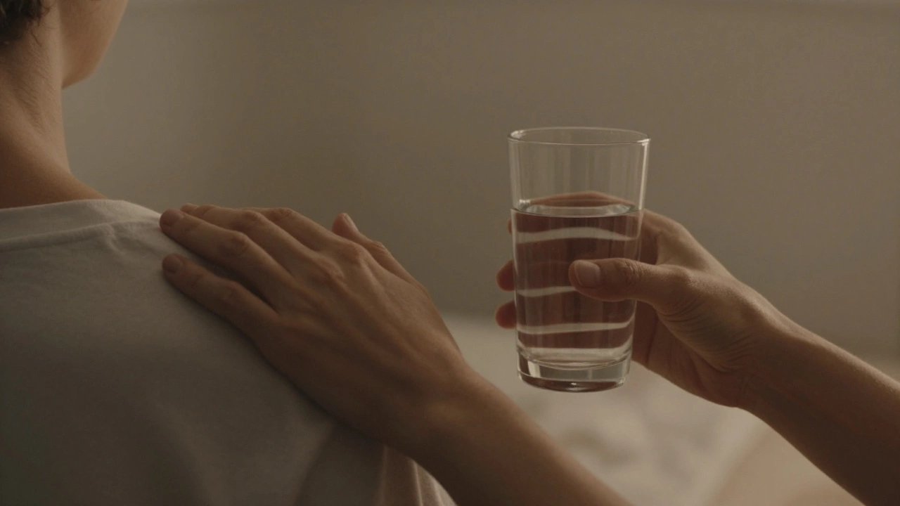 Two hands in gentle contact, one holding water, illuminated by soft amber light in an empty room.