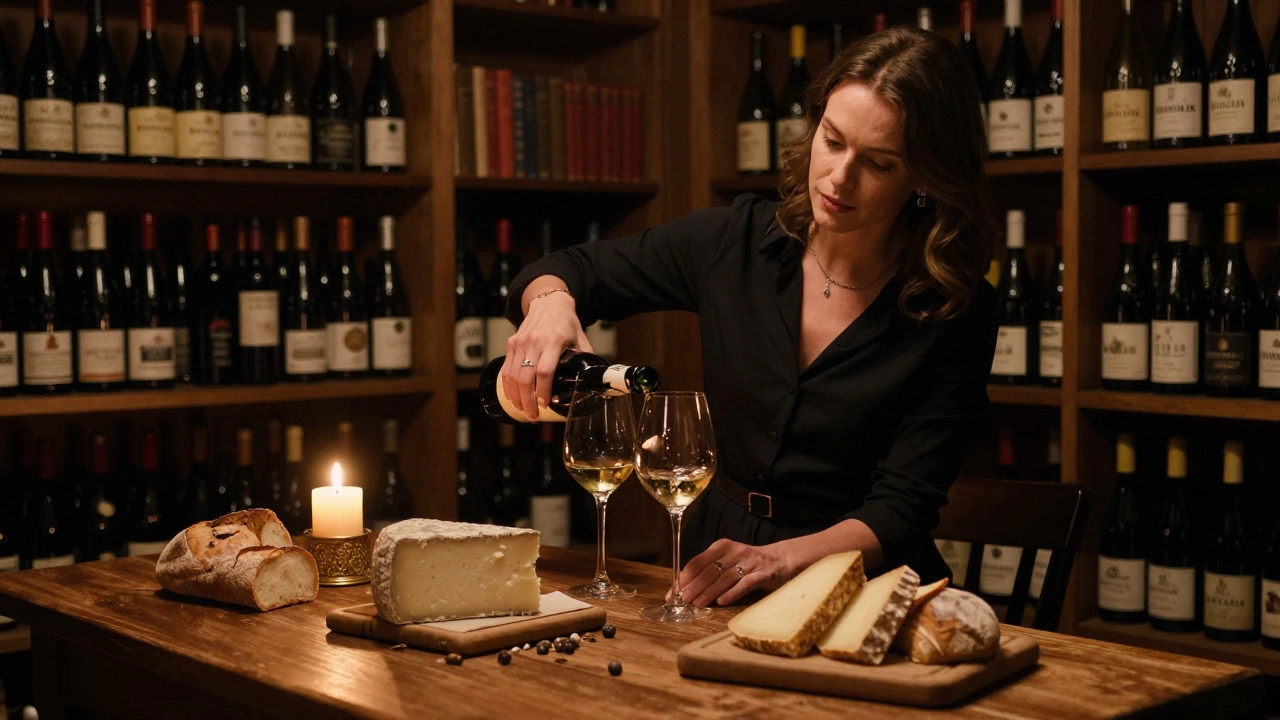 Two people share wine and cheese in a cozy Parisian cellar, candlelight glowing softly.